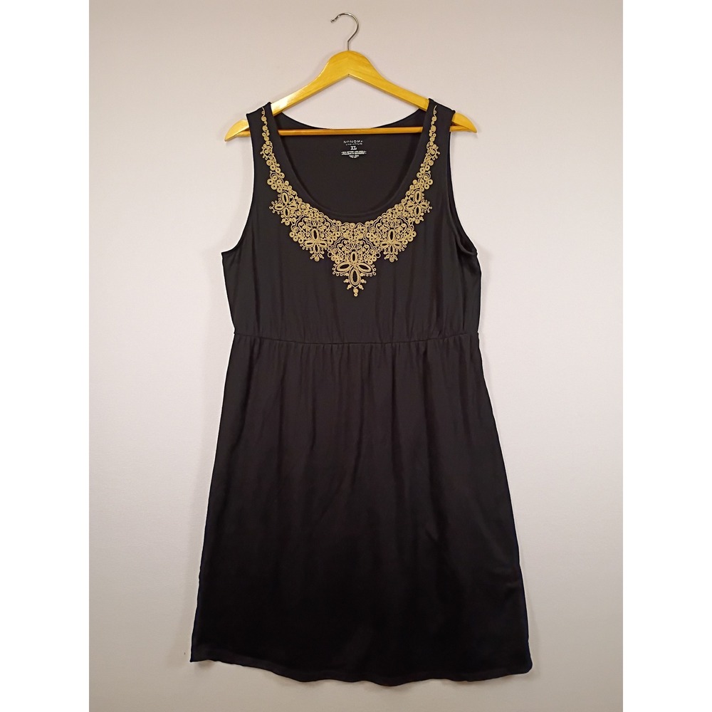 Boho Sonoma Goods For Life Womens XL Black Gold Embroidered Sleeveless Dress